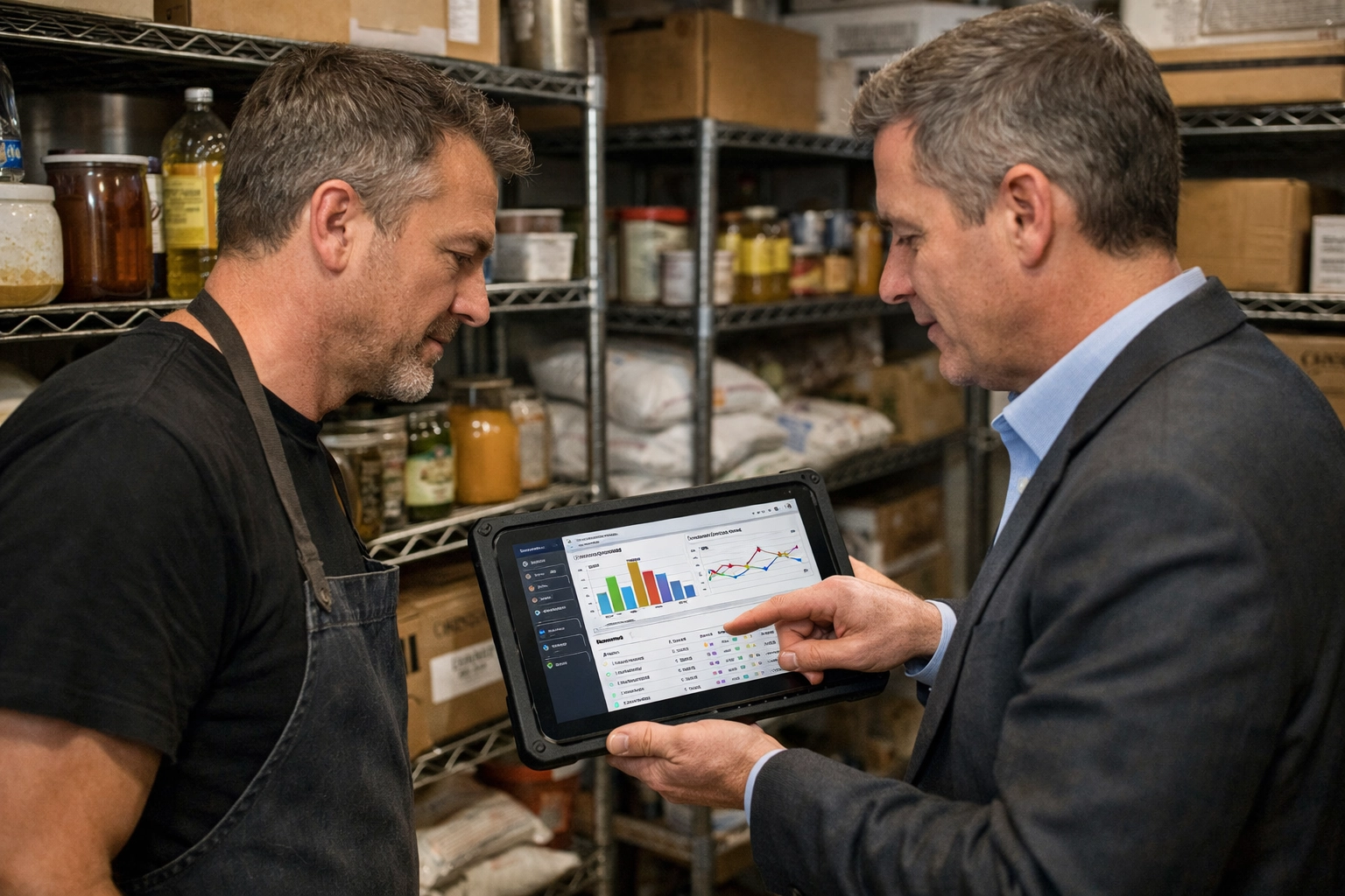 Strategy consultant and restaurant owner reviewing inventory data to prioritize growth investments.