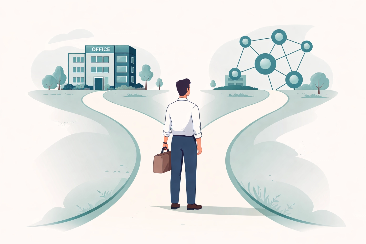 Small business owner at a crossroads choosing between in-house management and PEO partnership