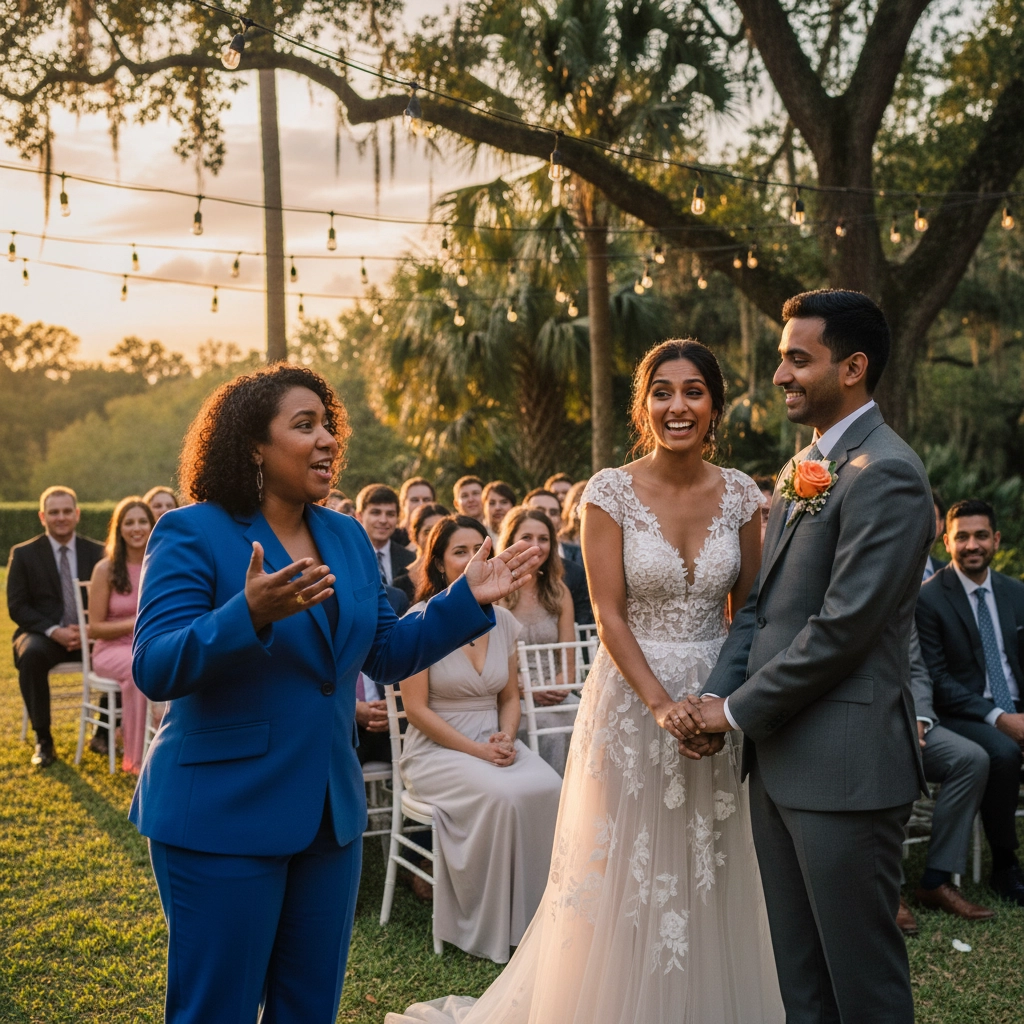 Bride and groom holding hands, smiling, during an outdoor wedding ceremony. An officiant in a blue suit speaks to them as guests watch.