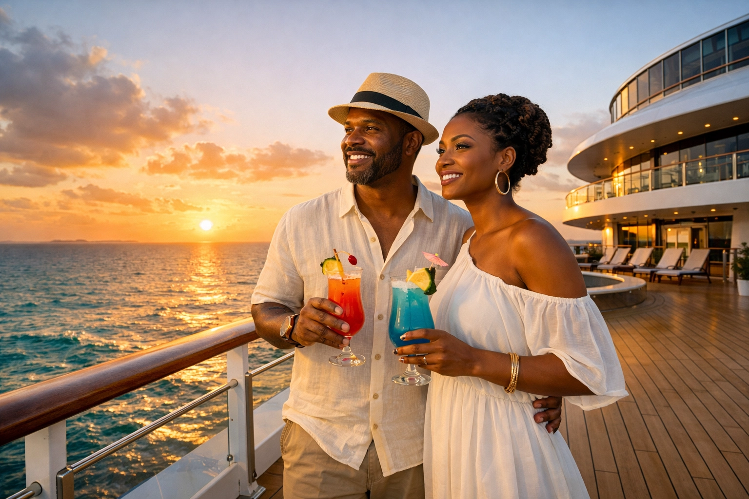 A couple enjoying cocktails on a luxury cruise deck at sunset during a lifestyle cruises escape.