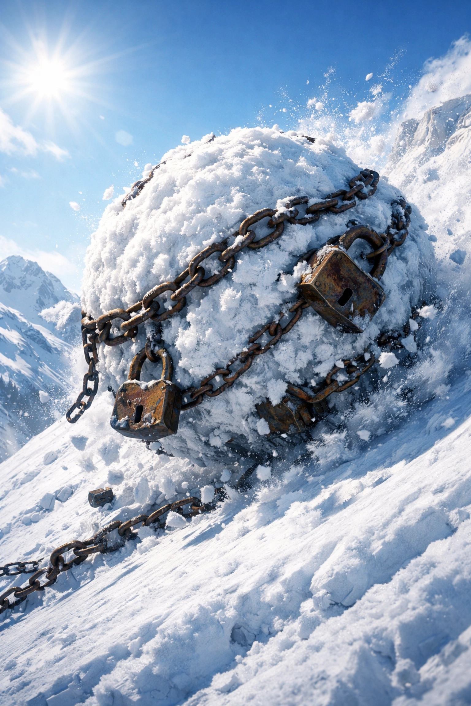 A large snowball rolling down a mountain crushing chains, representing the debt snowball payoff method.