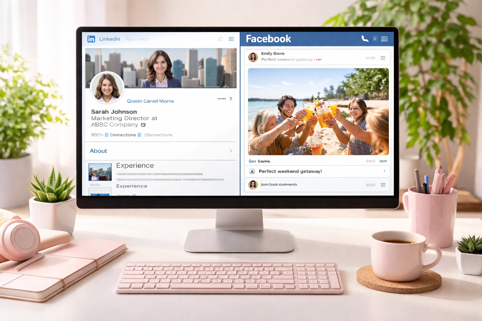 Desktop displaying LinkedIn and Facebook profiles highlights social media marketing comparison
