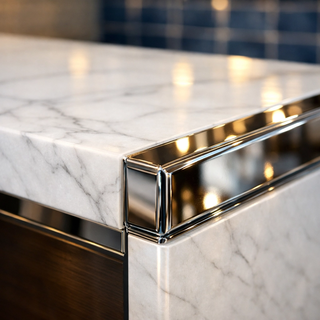 Detailed shot of a sanitized marble kitchen island following a deep maid service Cambridge.