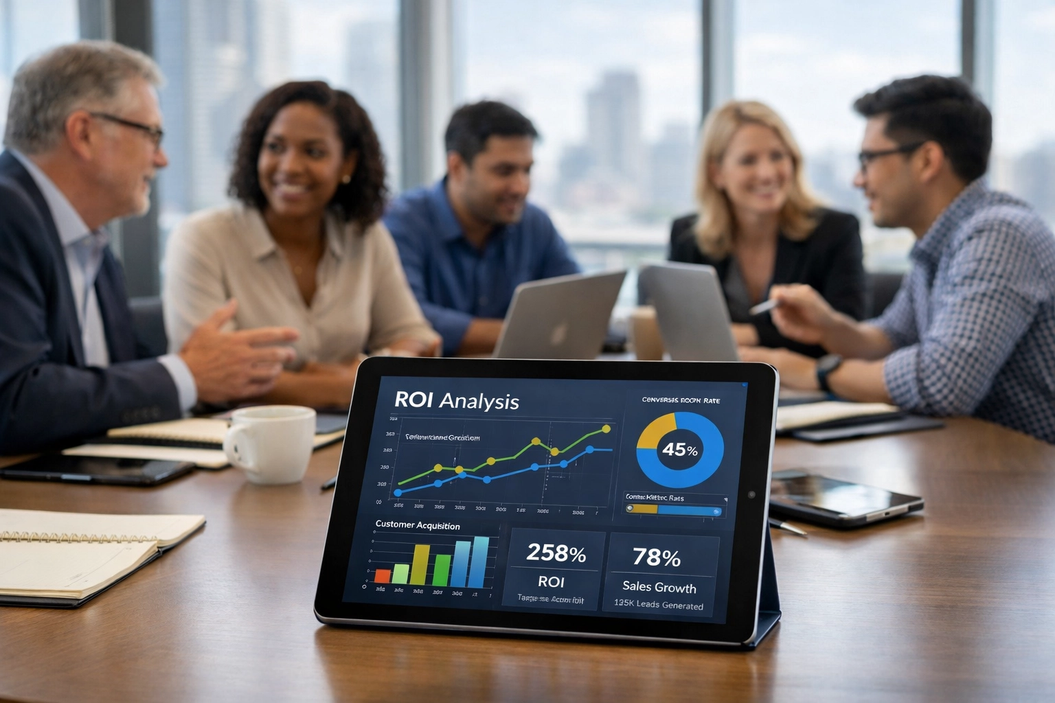 Business executives reviewing ServiceNow ROI analytics and performance metrics for enterprise consulting