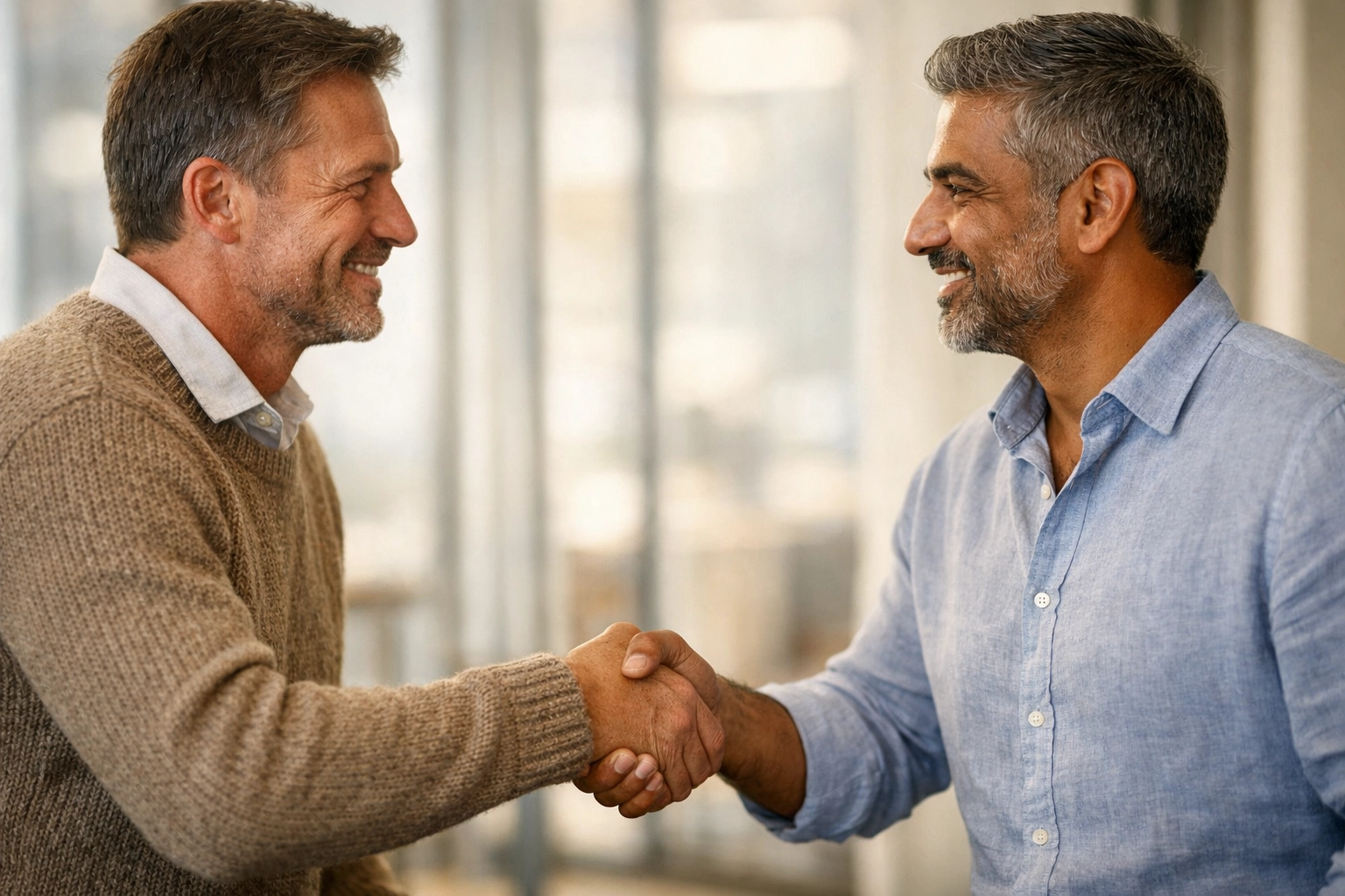 Business partners shaking hands representing successful contract renewals and seamless HubSpot setup support.