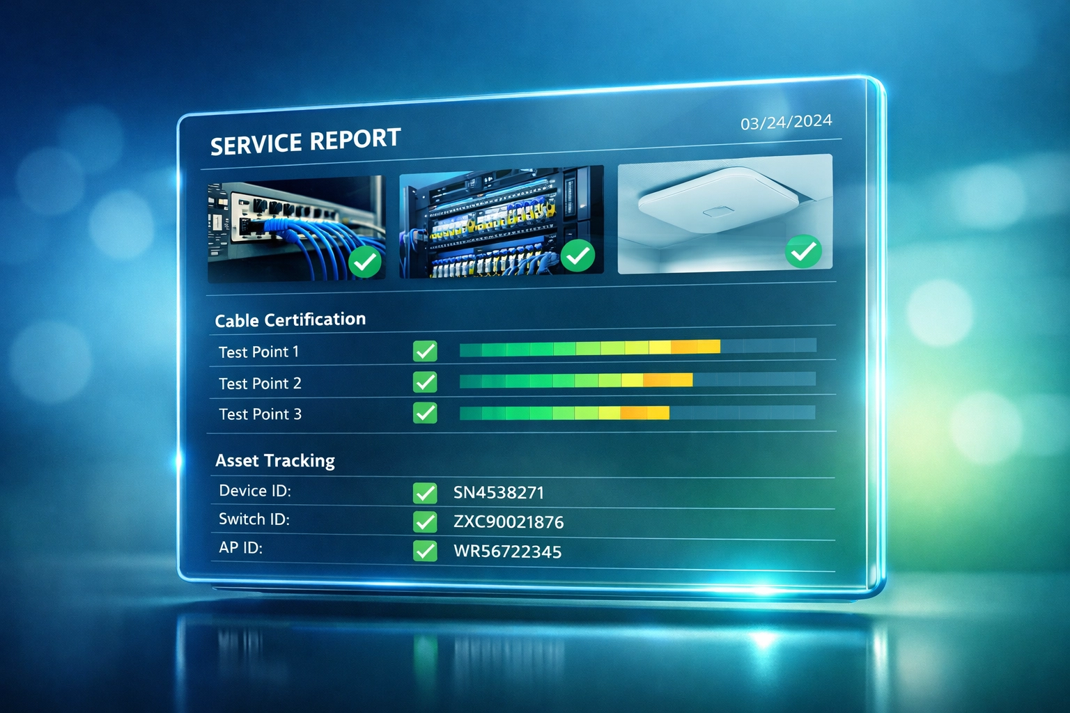 Digital IT service report showing cable certification results and equipment documentation