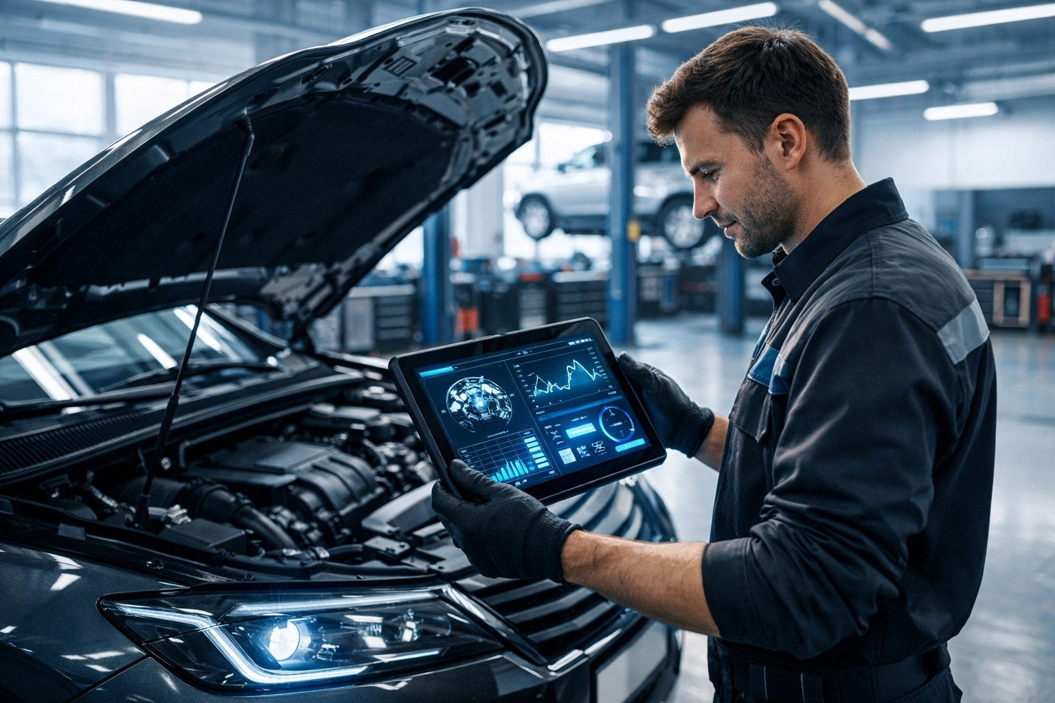 Technician using a diagnostic tablet for a check engine light diagnosis at a Hamilton auto repair shop.