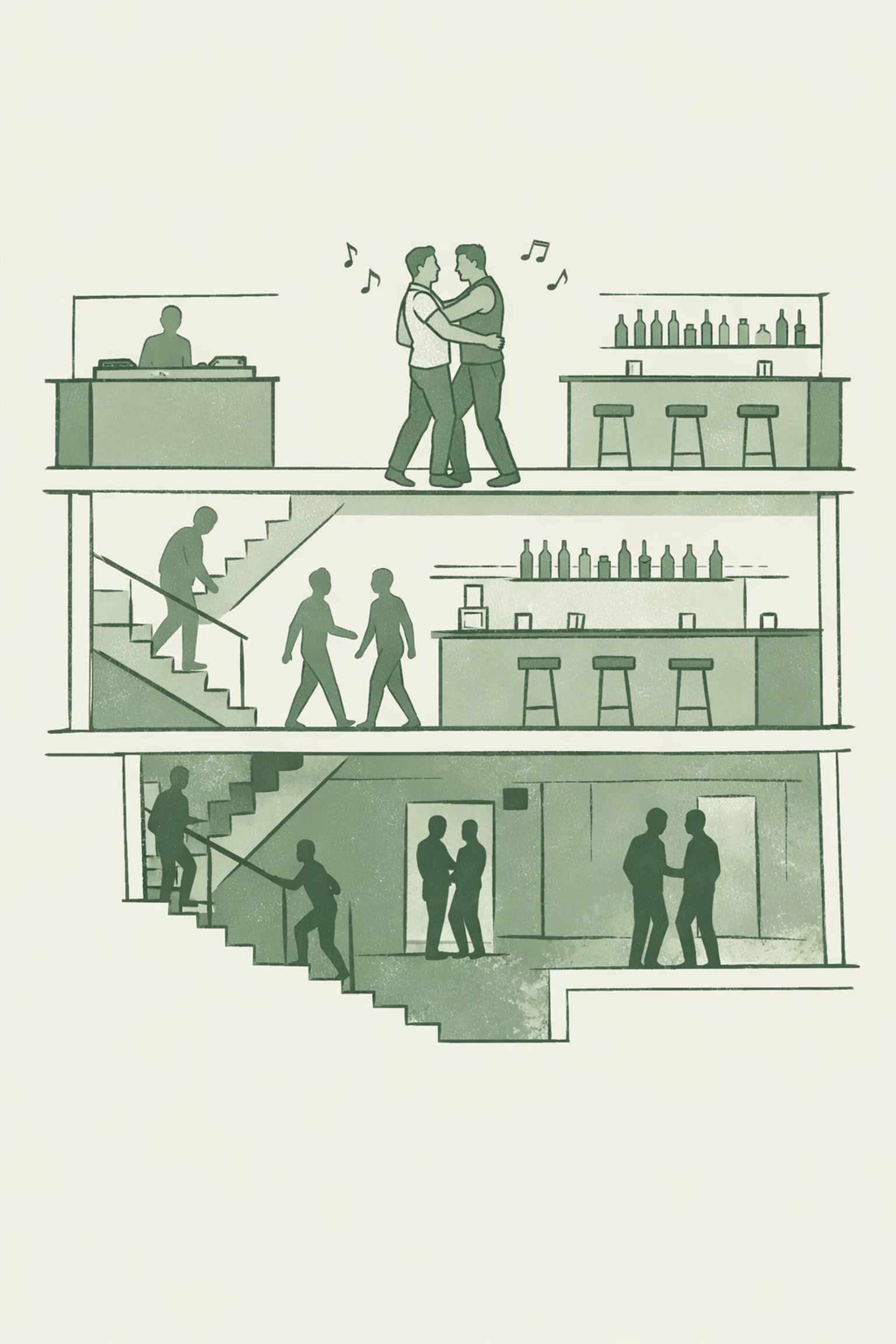 Multi-level layout of Connection Berlin showing dance floor and cruising areas