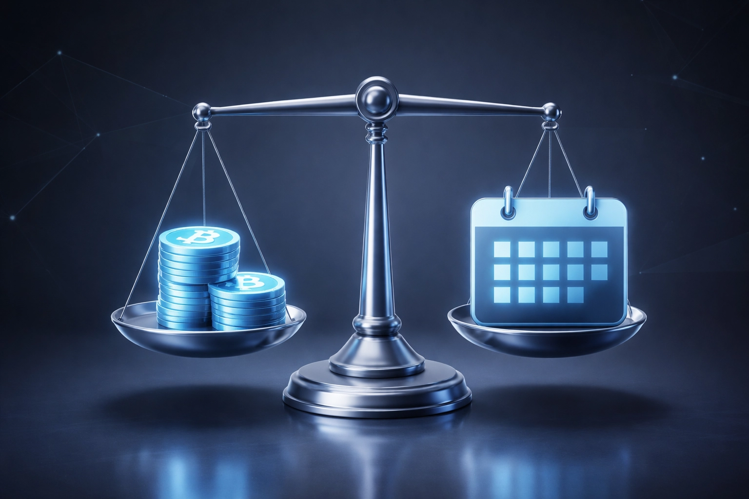 Balanced scale with digital coins and calendar, illustrating predictable budgeting and cost control through managed IT services.