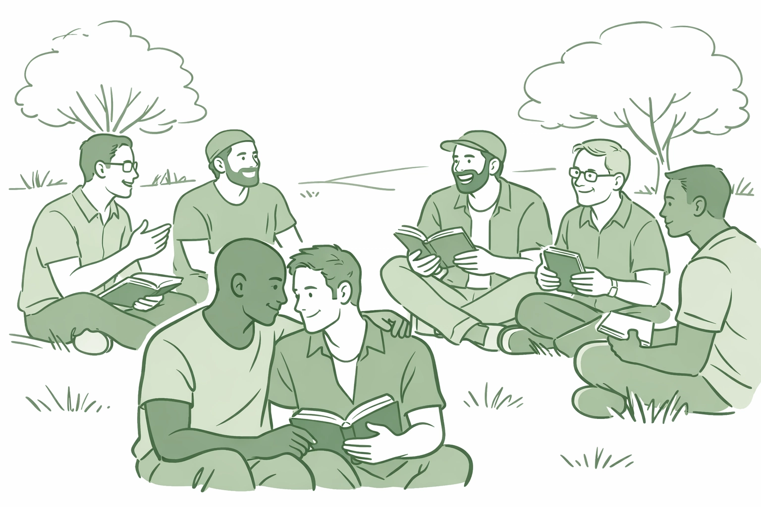 Diverse gay men reading and discussing LGBTQ+ books in community book club setting