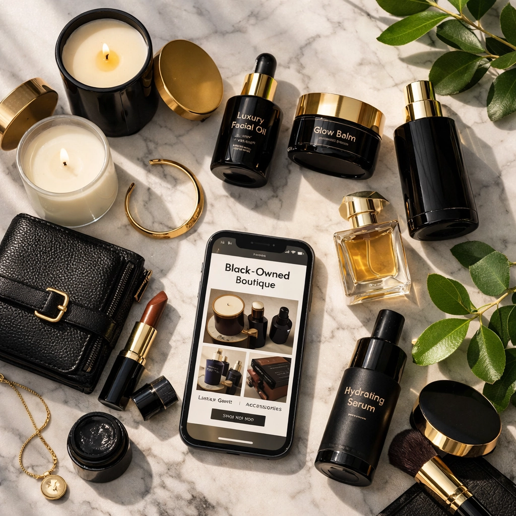 Curated luxury products from Black-owned businesses including candles and beauty items