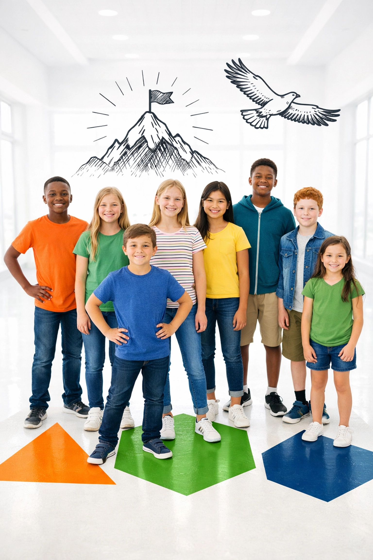 A diverse group of confident children and teens ready for future leadership and success.