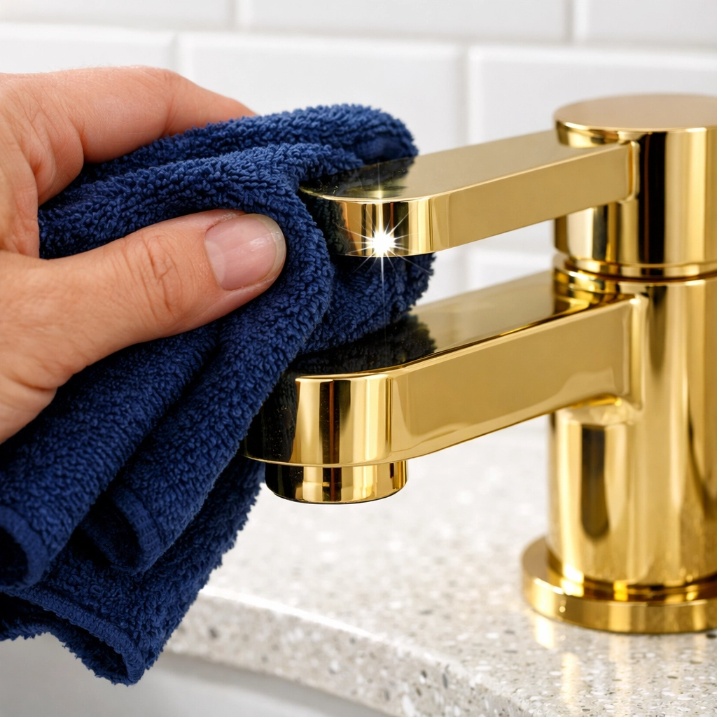 Professional hand polishing a gold bathroom fixture as part of high-end residential cleaning Massachusetts.