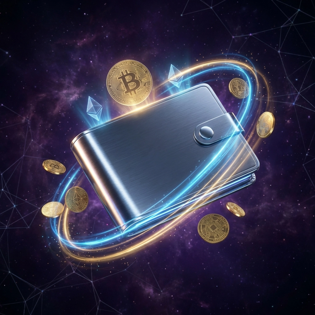 Futuristic digital smart wallet representing Larecoin self-custody and secure crypto payment processing in space