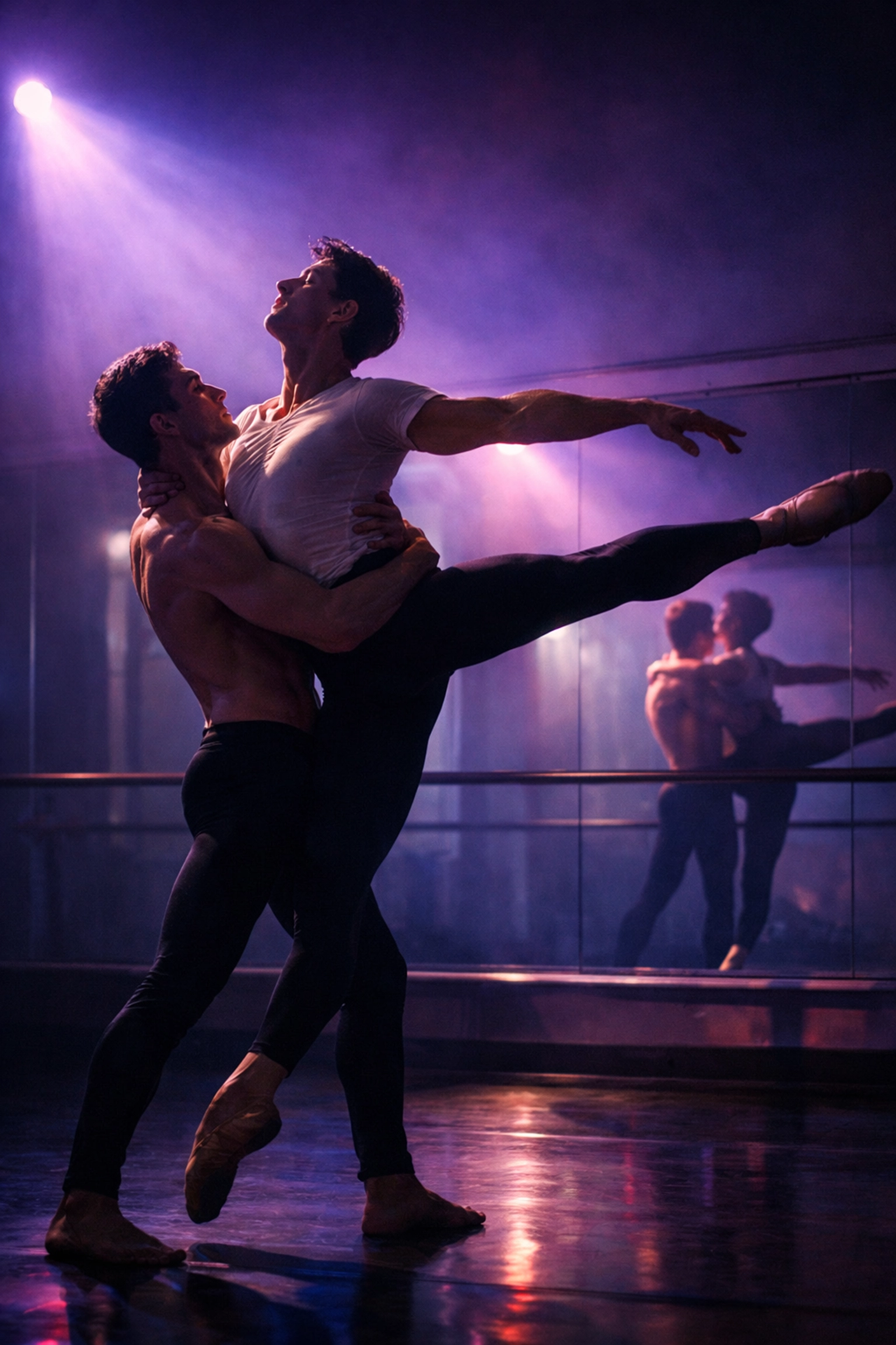 Two male ballet dancers in intimate partnering pose during MM romance dance rehearsal
