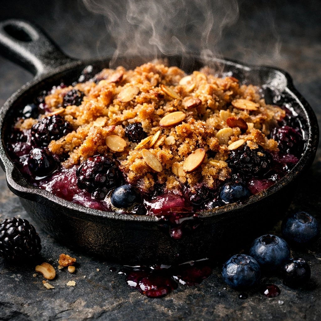 Antioxidant-rich mixed berry crumble with oat and almond topping in a rustic cast-iron skillet.