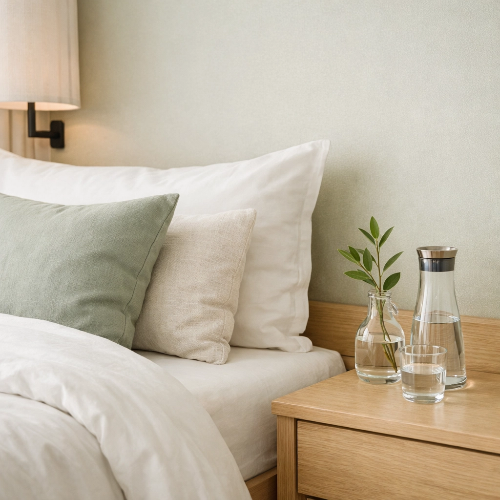 Serene hotel bedroom showing personalized guest comfort driven by an integrated hotel CRM.