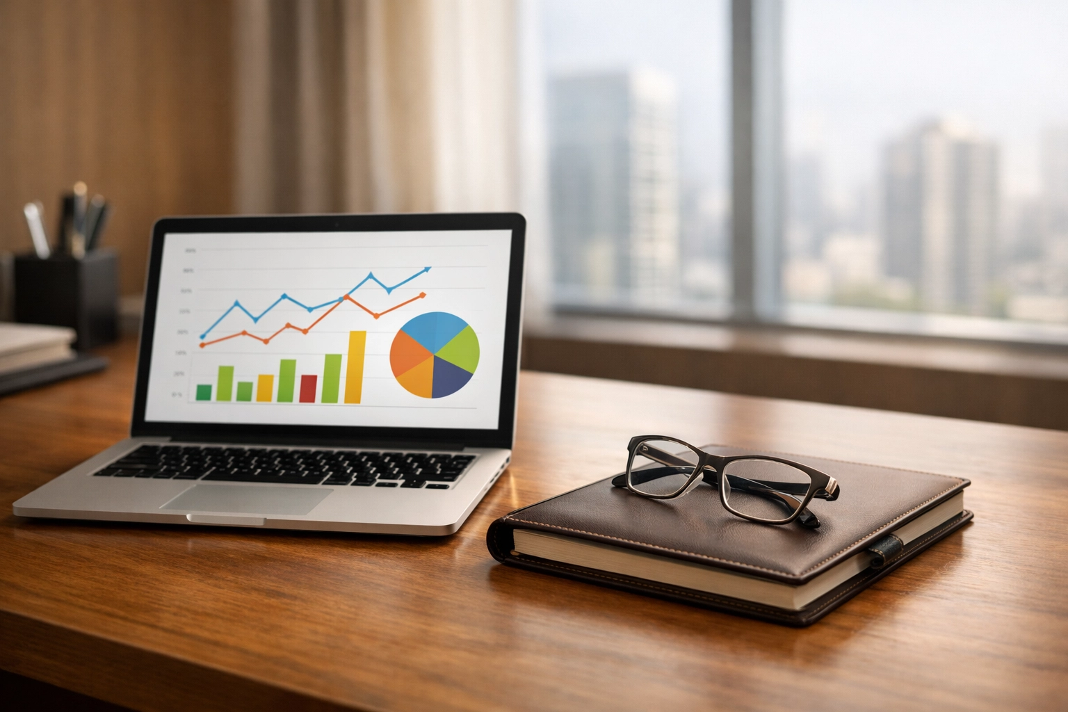Modern office desk with a laptop showing financial growth charts for a scaling service firm.