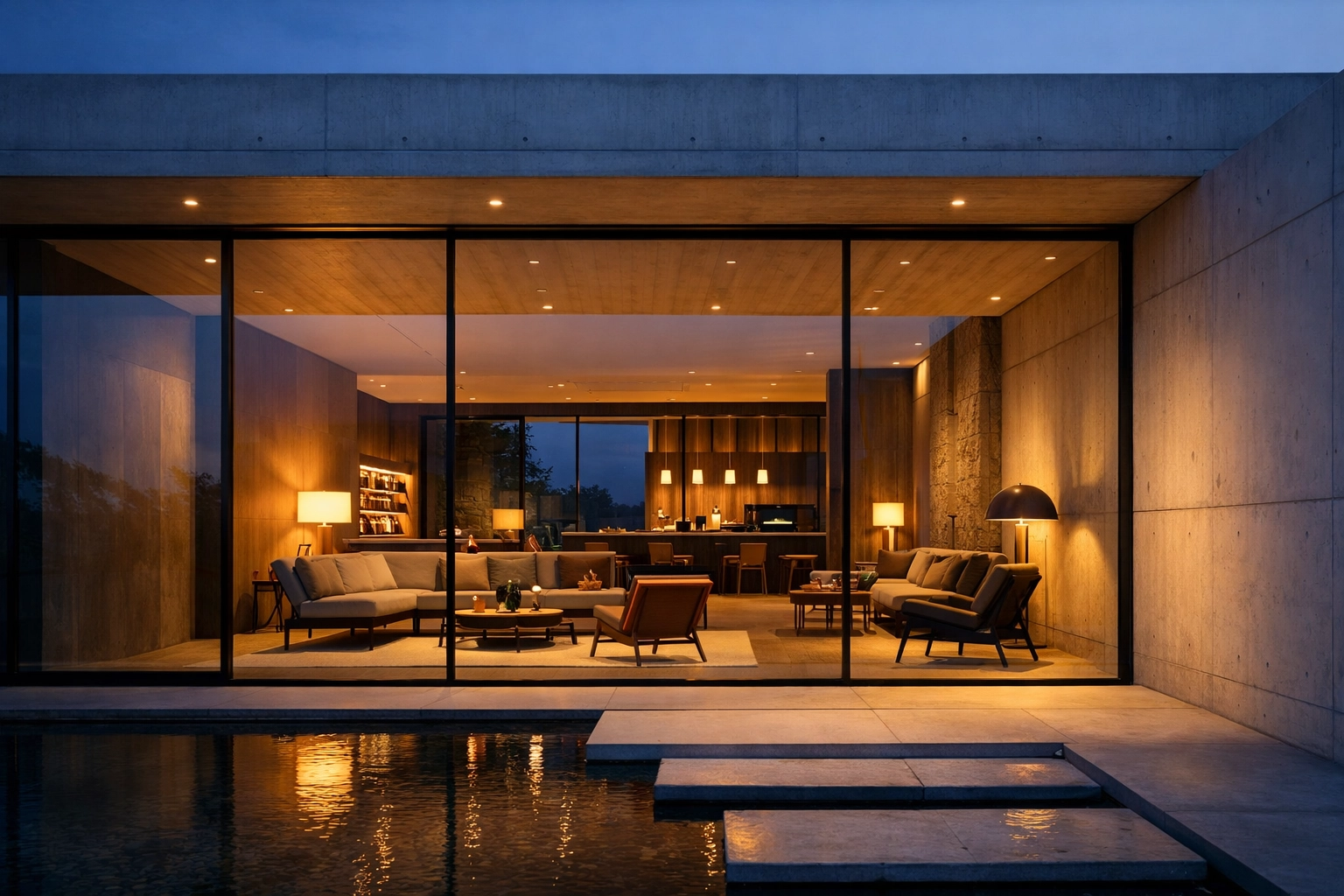 A luxury hotel entrance at night, showcasing modern architecture and AI-driven hospitality.