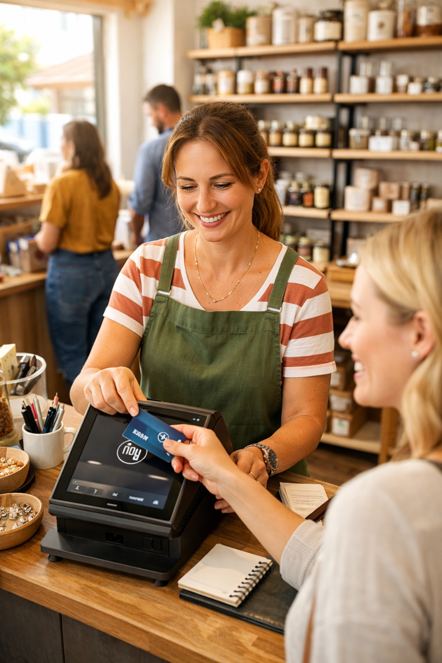 Small retailer using touchscreen EPOS system for contactless payment in modern shop