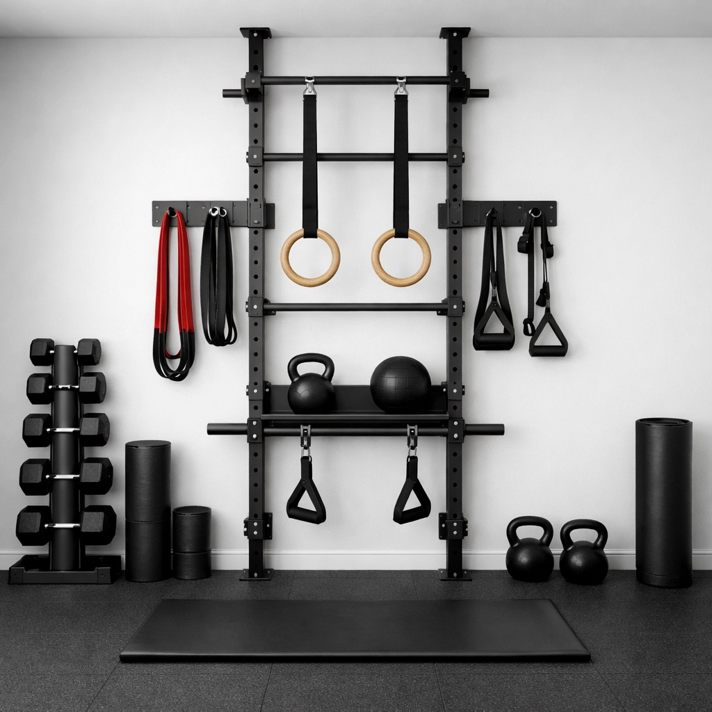 Minimalist home gym featuring a versatile floor to ceiling rail for bodyweight training and calisthenics.