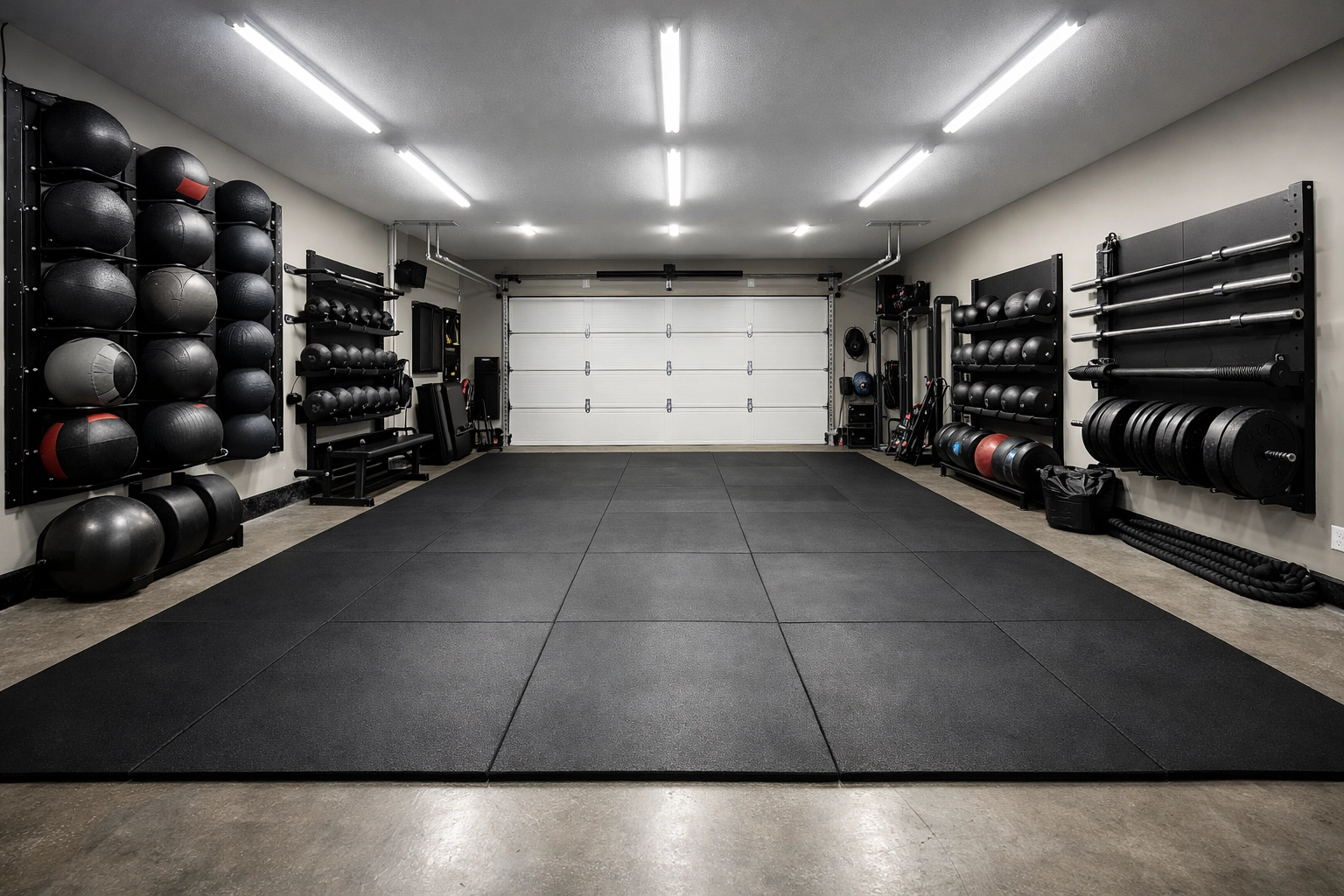 Clean CrossFit home gym layout with organized equipment for optimal full body workout at home sessions.