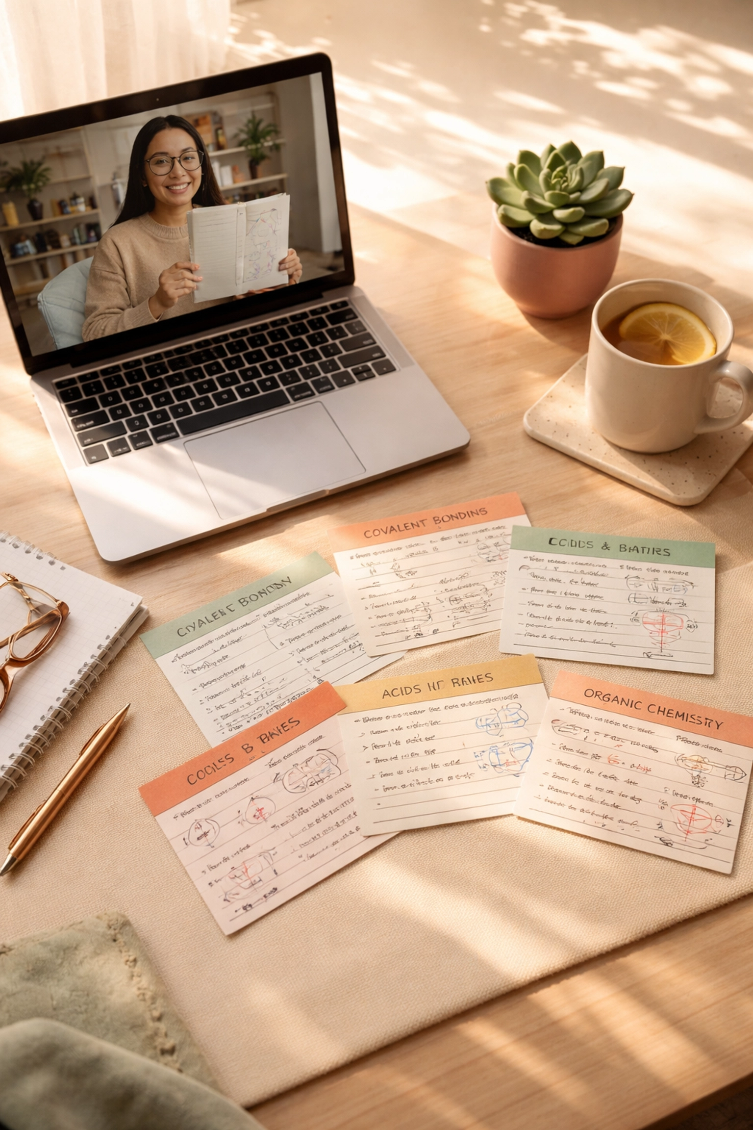 Organized study space with laptop tutoring session and chemistry notes, supporting medical school success