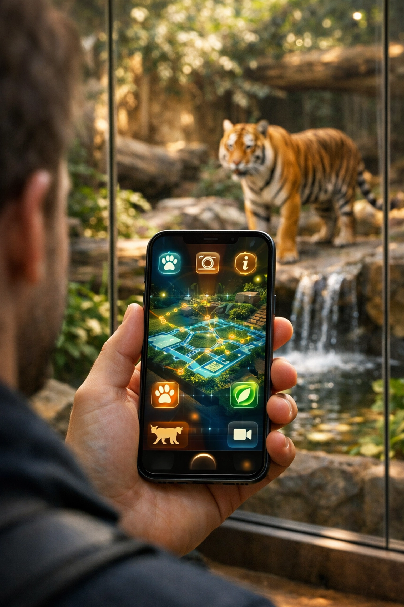 A visitor uses a mobile app with augmented reality at a tiger exhibit, showcasing interactive zoo technology.