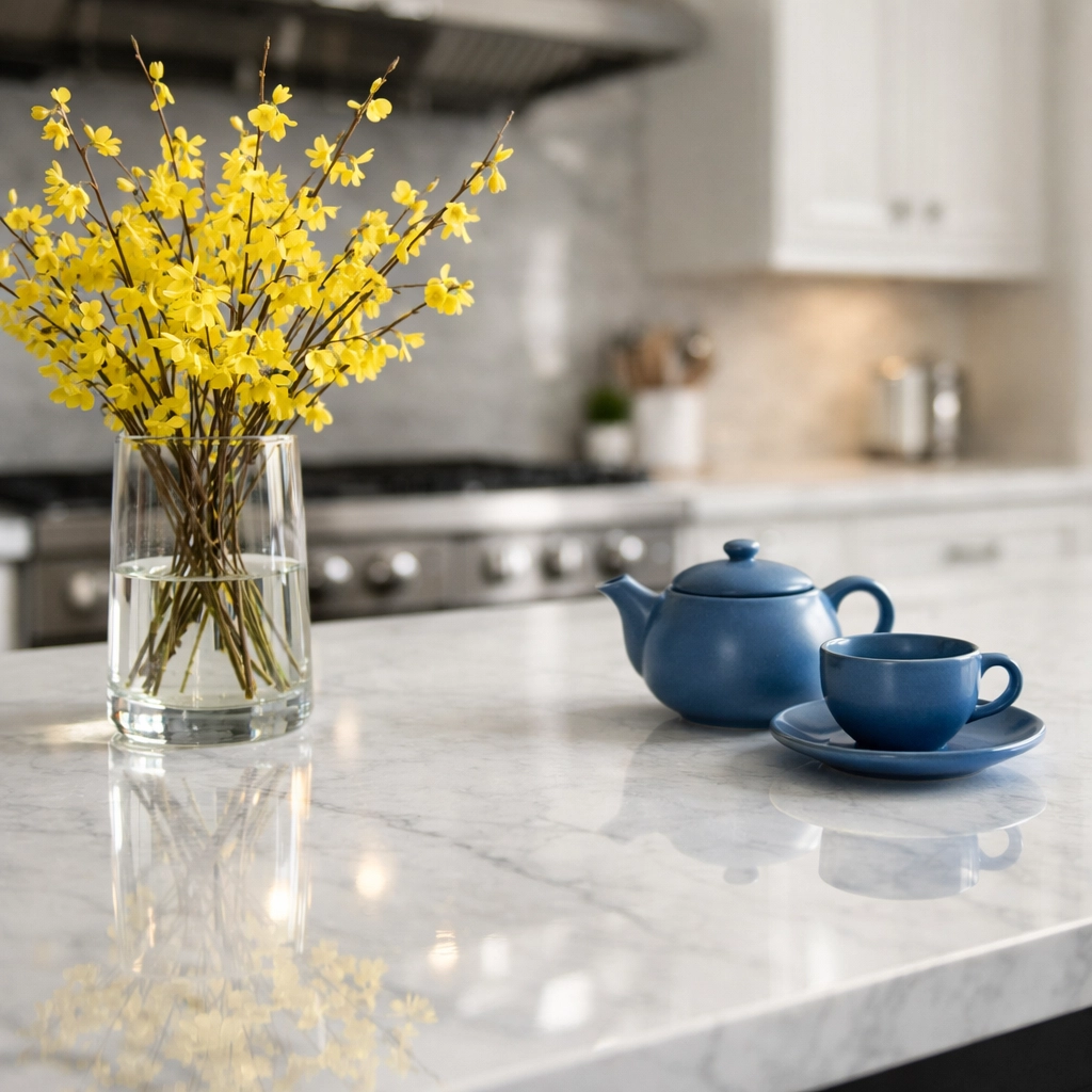 Polished white marble kitchen island in a Duxbury estate, kept guest-ready with eco-friendly luxury cleaning.
