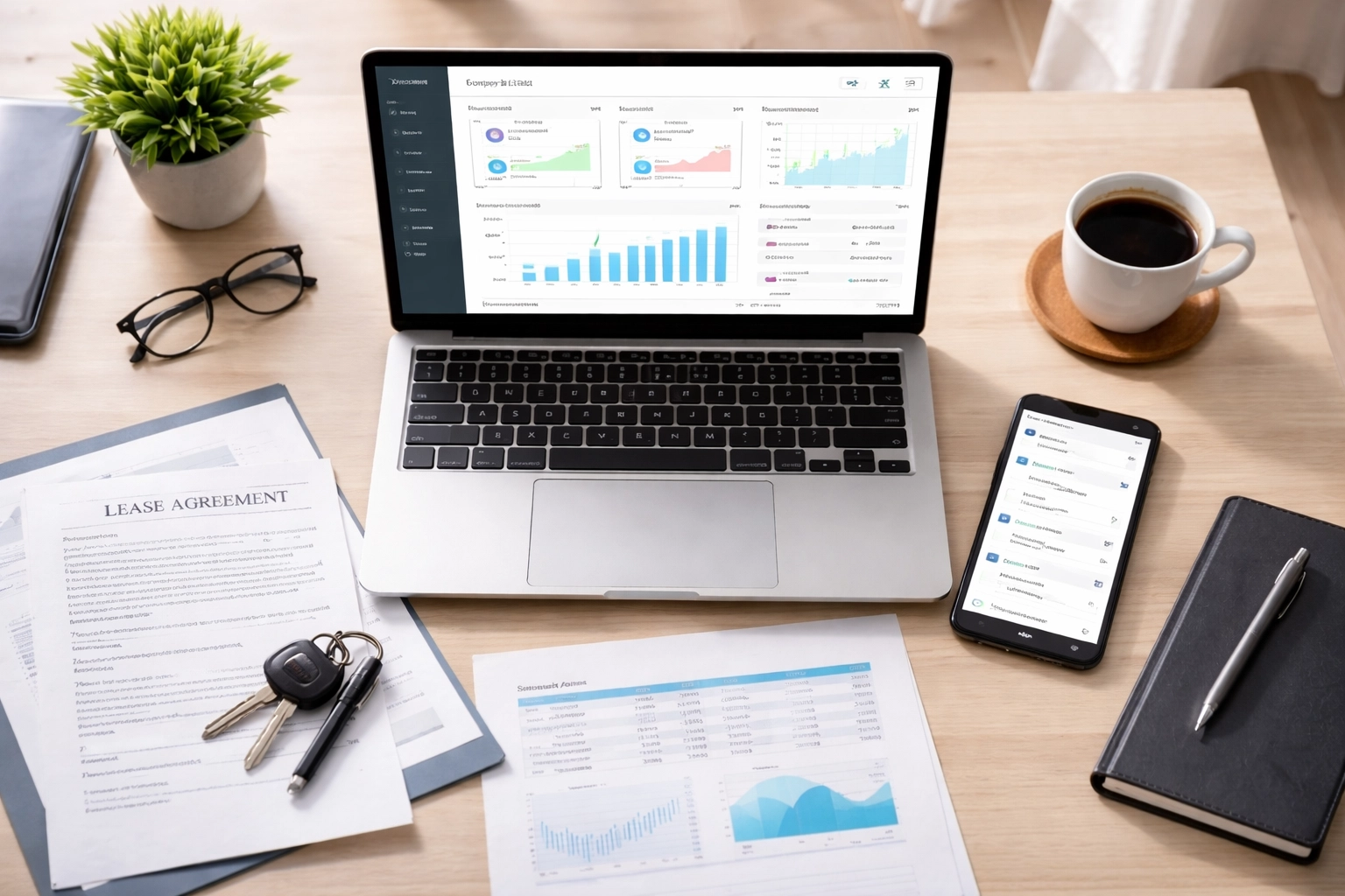 Photorealistic modern desk setup with laptop, lease documents, keys, and smartphone showing a generic property management dashboard