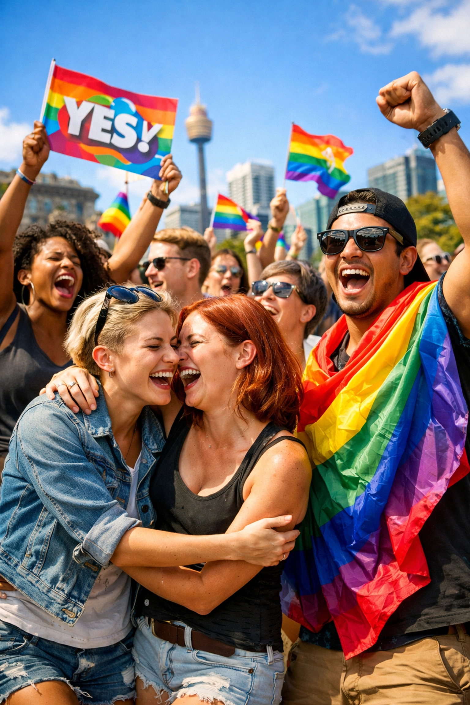 LGBTQ+ community celebrating the 2017 Australian marriage equality win with rainbow flags in a city square.