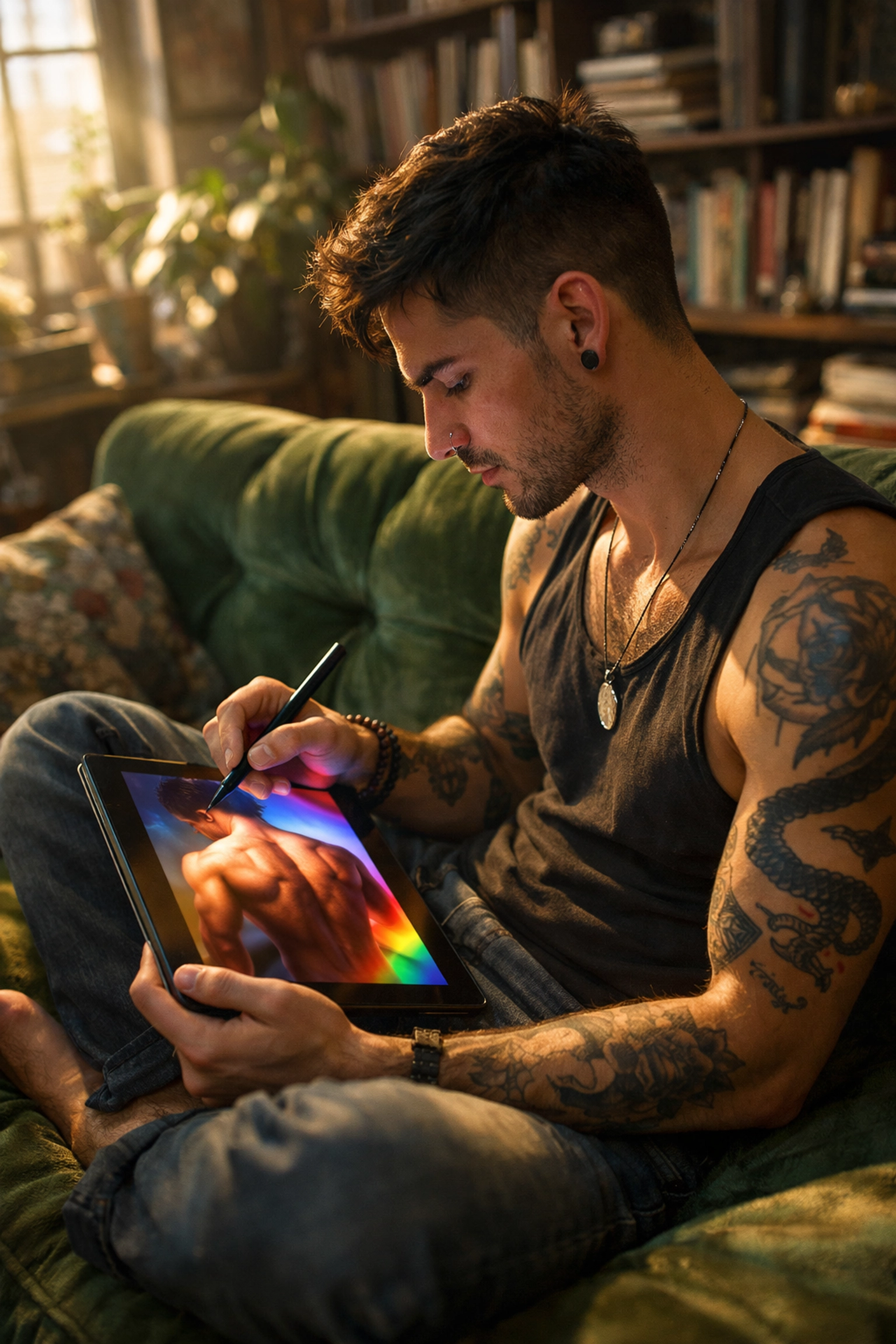 A gay artist creates naked gay bodies art on a digital tablet in a sun-drenched studio loft.