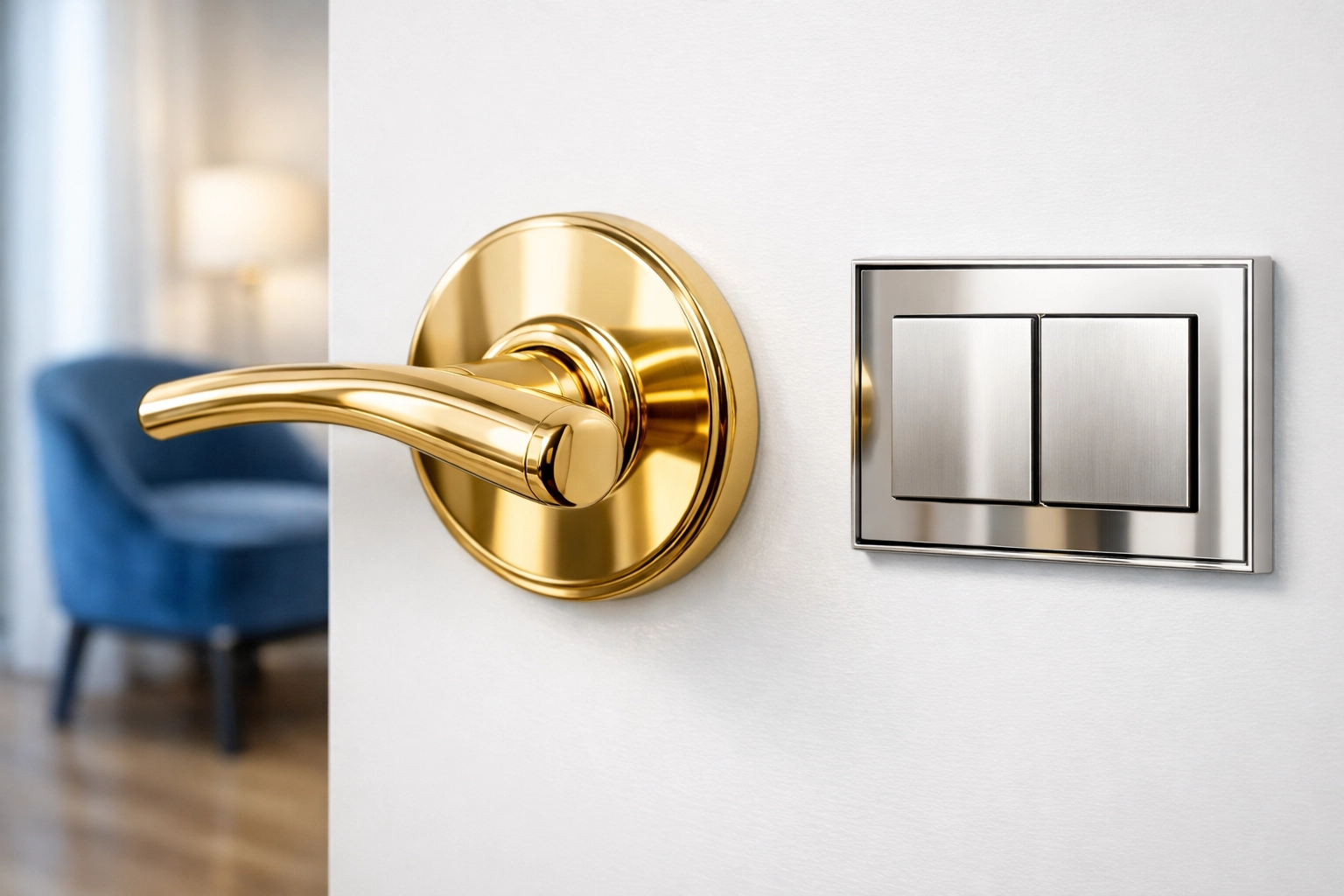 Sanitized brass door handle and light switch highlighting high-touch apartment cleaning Boston maintenance.