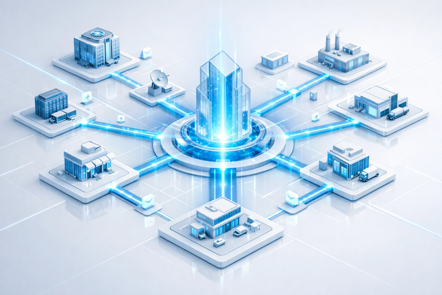 Centralized digital network hub managing multiple business locations with real-time optimization.