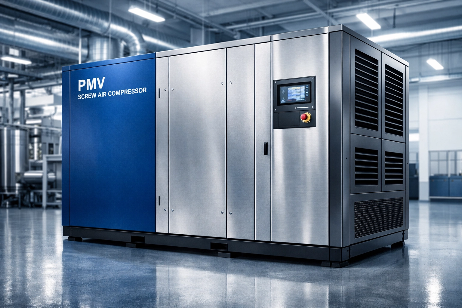 Integrated PMV screw compressor with refrigerated air dryer for high-performance moisture control in factories.