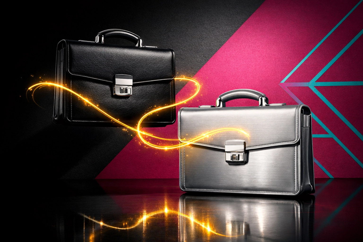 Two professional briefcases connected symbolizing mutual career support in relationships