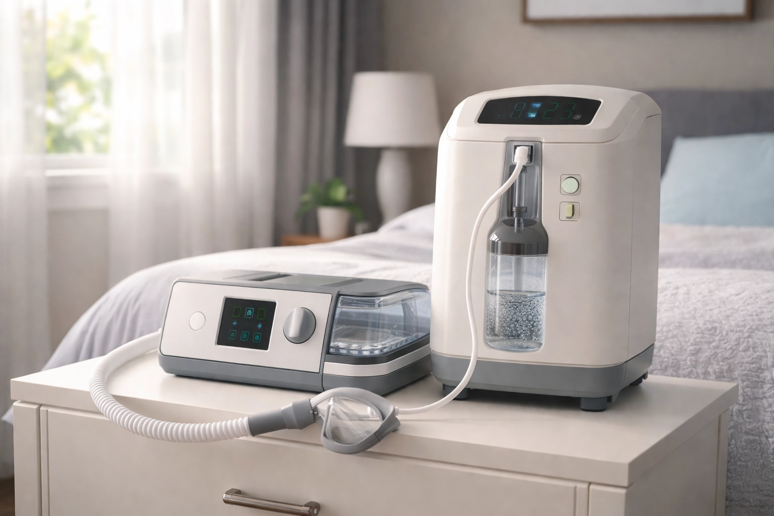 Bedroom with operational medical devices powered, showing standby generator support for critical home healthcare.