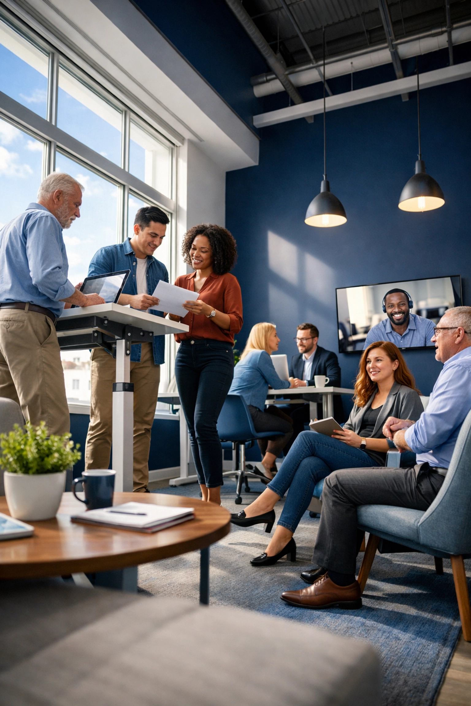 Diverse employees collaborating in modern workplace showing productivity and employee retention success