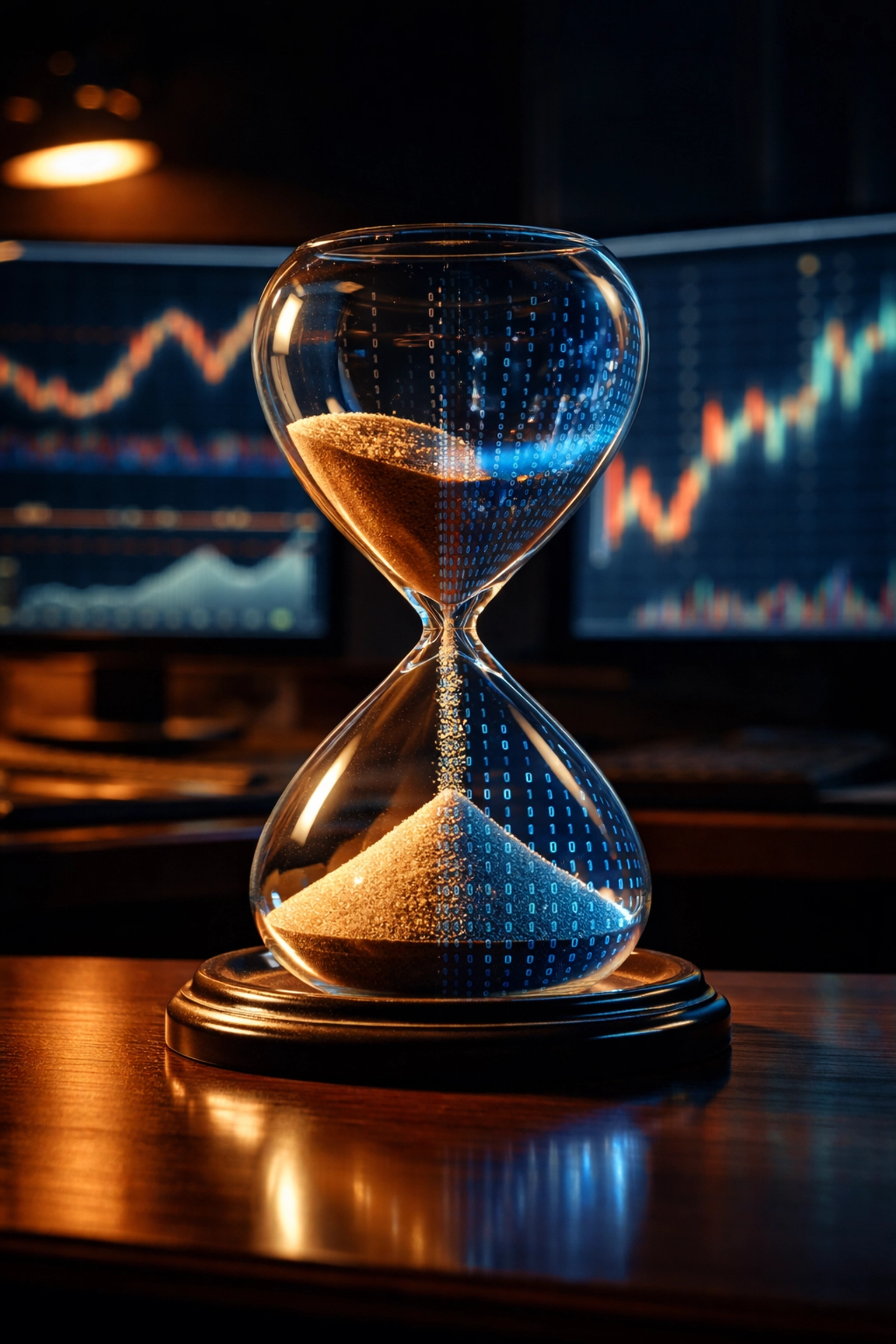 Hourglass blending gold and digital elements, symbolizing investment decisions between history and future risk