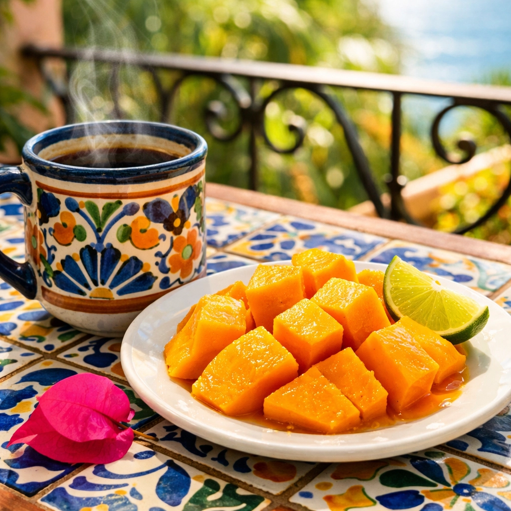 Breakfast with coffee and fresh mango on a tiled balcony table at a Puerto Vallarta rental in Zona Romantica.