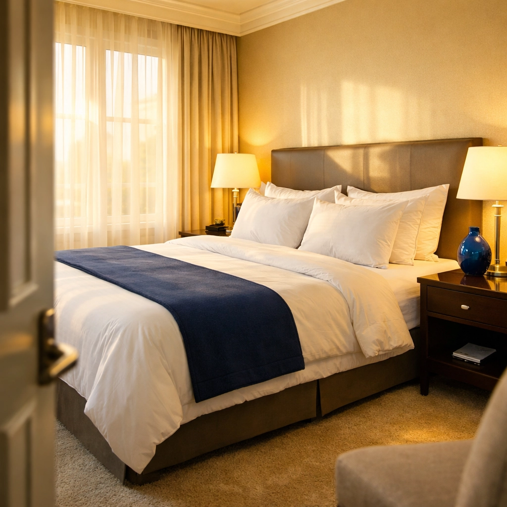Master bedroom with crisp white linens and dust-free surfaces showing ninja-level cleaning detail.