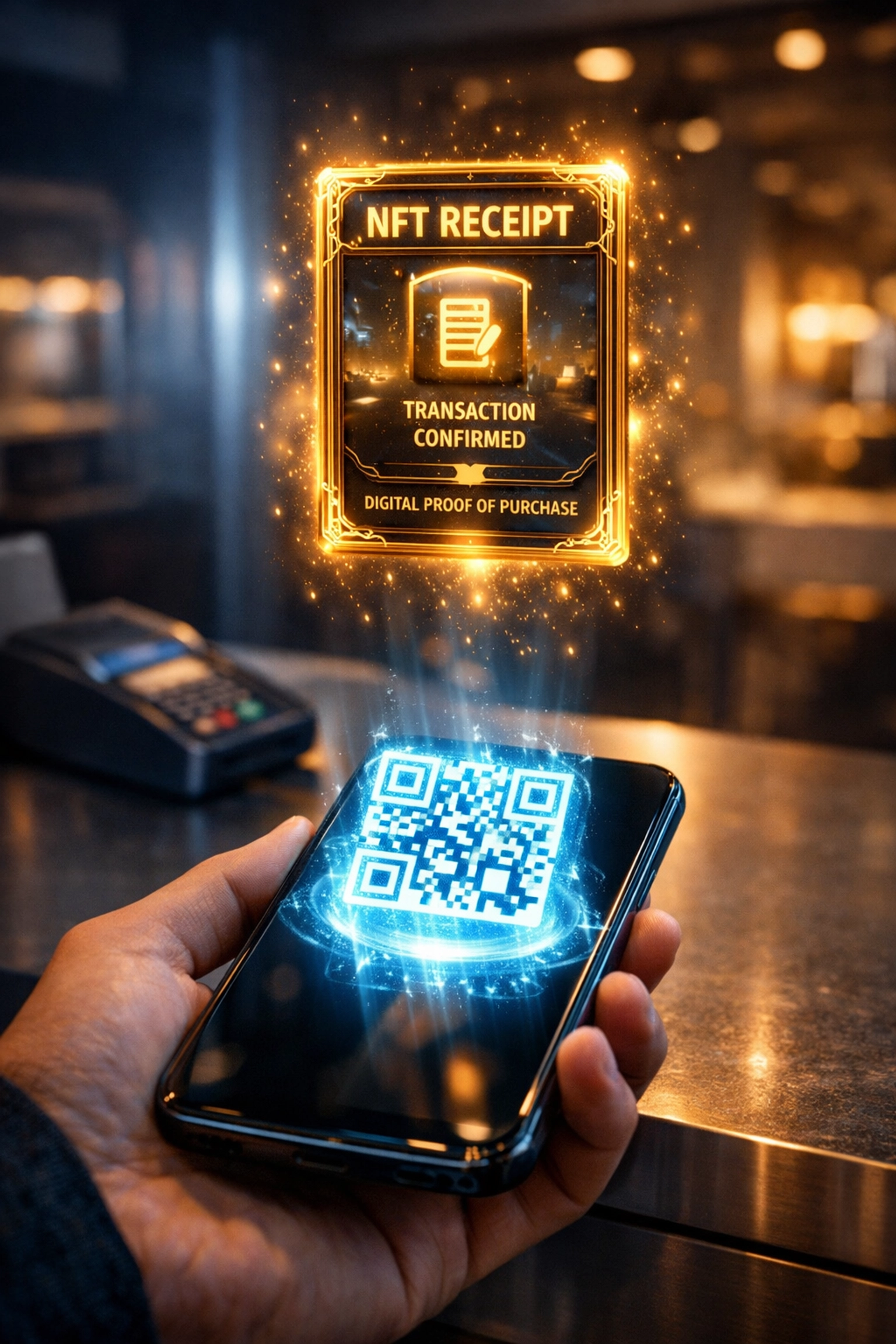 Smartphone scanning a QR code at checkout to receive a secure Larecoin NFT receipt for crypto payments.
