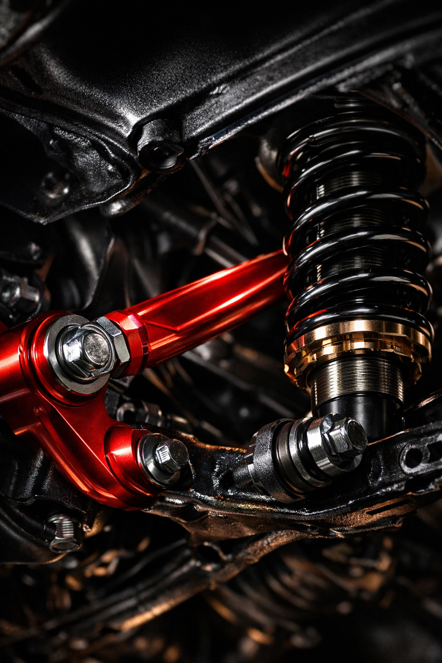 Detailed view of performance coilovers and adjustable control arms for corrected suspension geometry.
