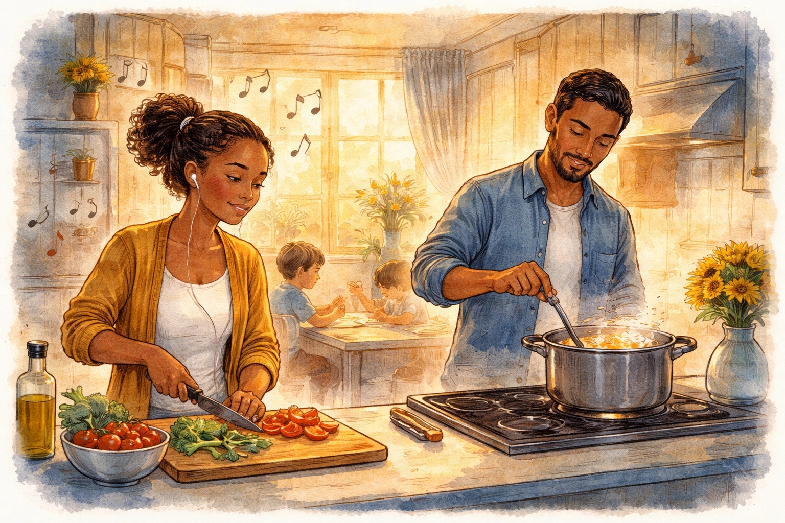 A diverse family cooking dinner together in a cozy kitchen, sharing faith and music during their evening routine.