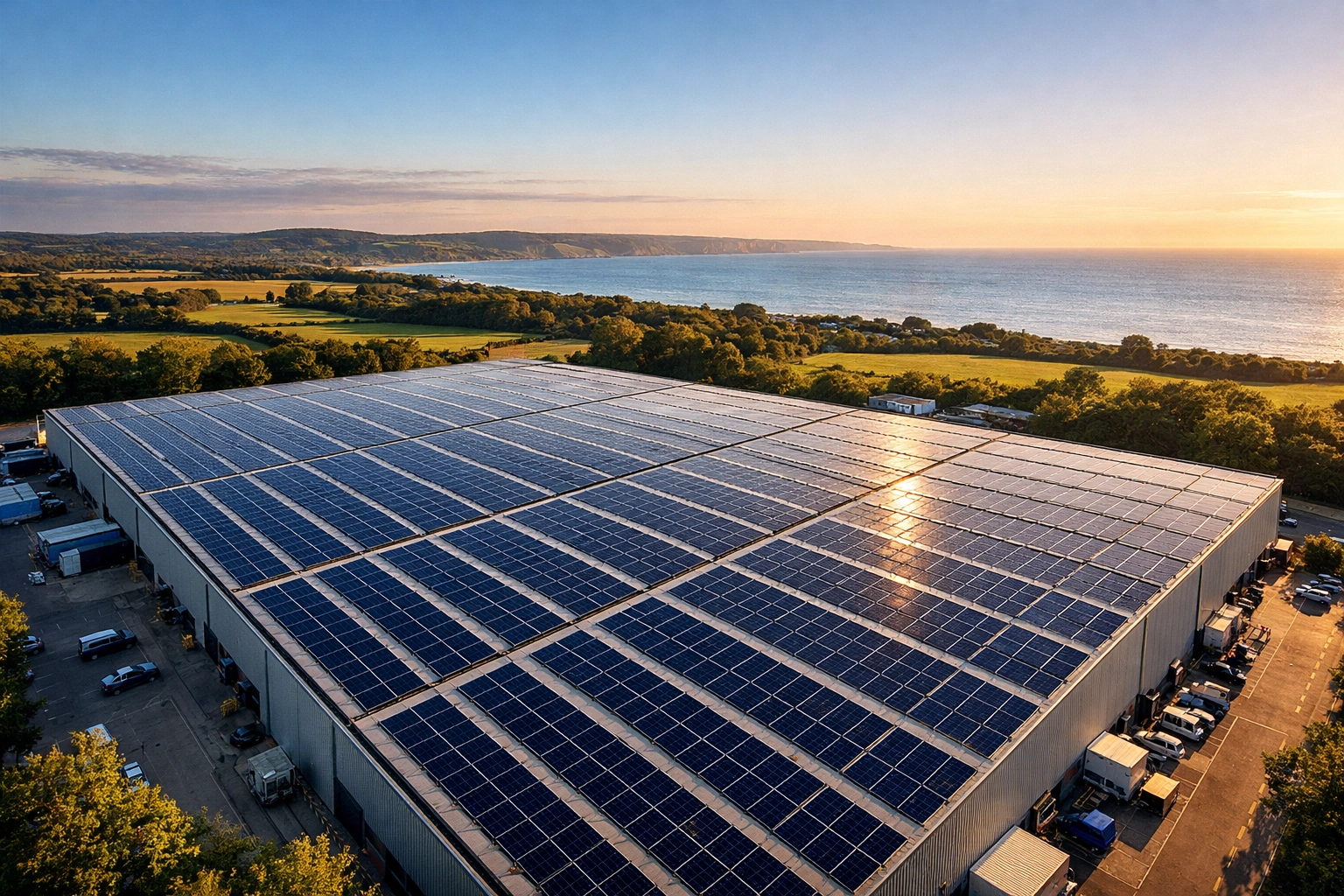 Large commercial solar panel array on a warehouse roof in Dorset for business energy independence.