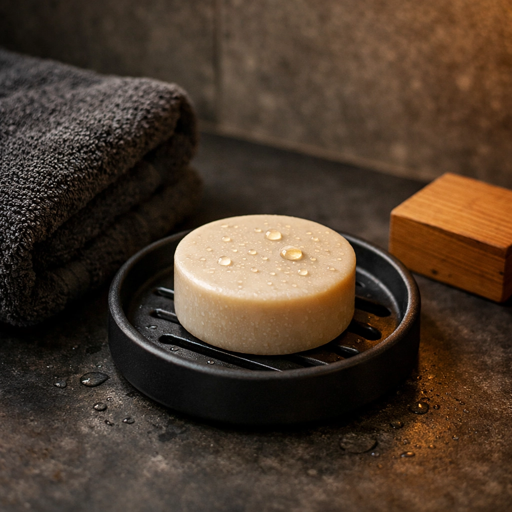 Solid beard wash bar on a black ceramic dish, an eco-friendly grooming essential.