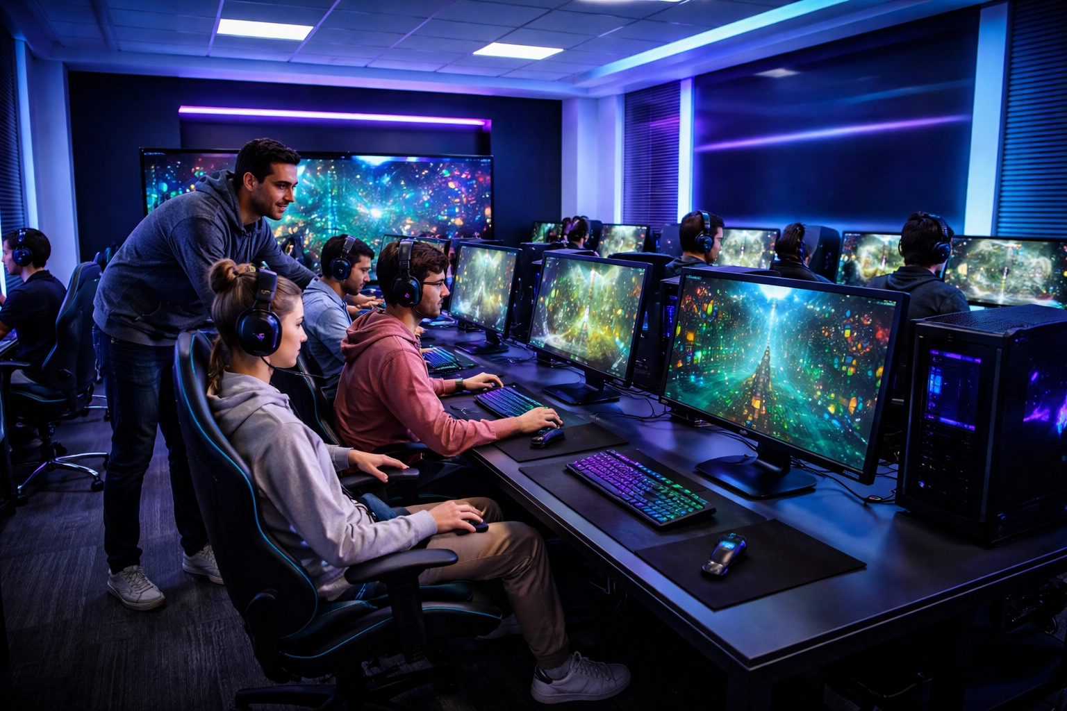 High school students competing in an advanced esports lab, showcasing workforce development innovation