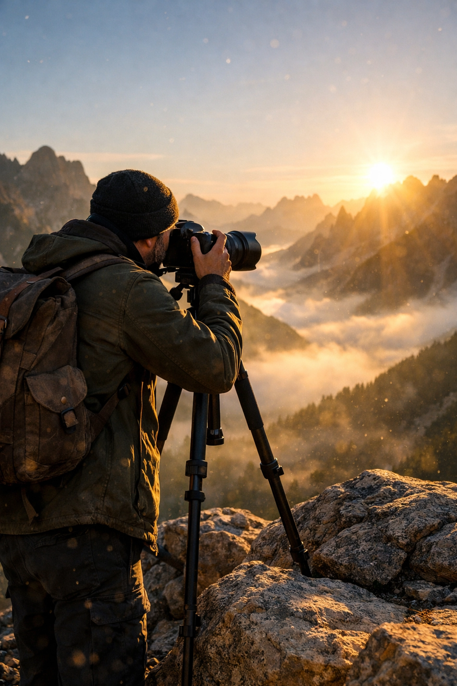 A travel photographer uses a tripod to capture a misty mountain sunrise at an iconic landscape destination.