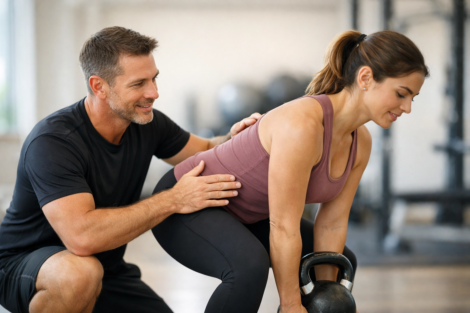 A Bournemouth personal trainer checking client form during a deadlift in a clean, private gym environment.
