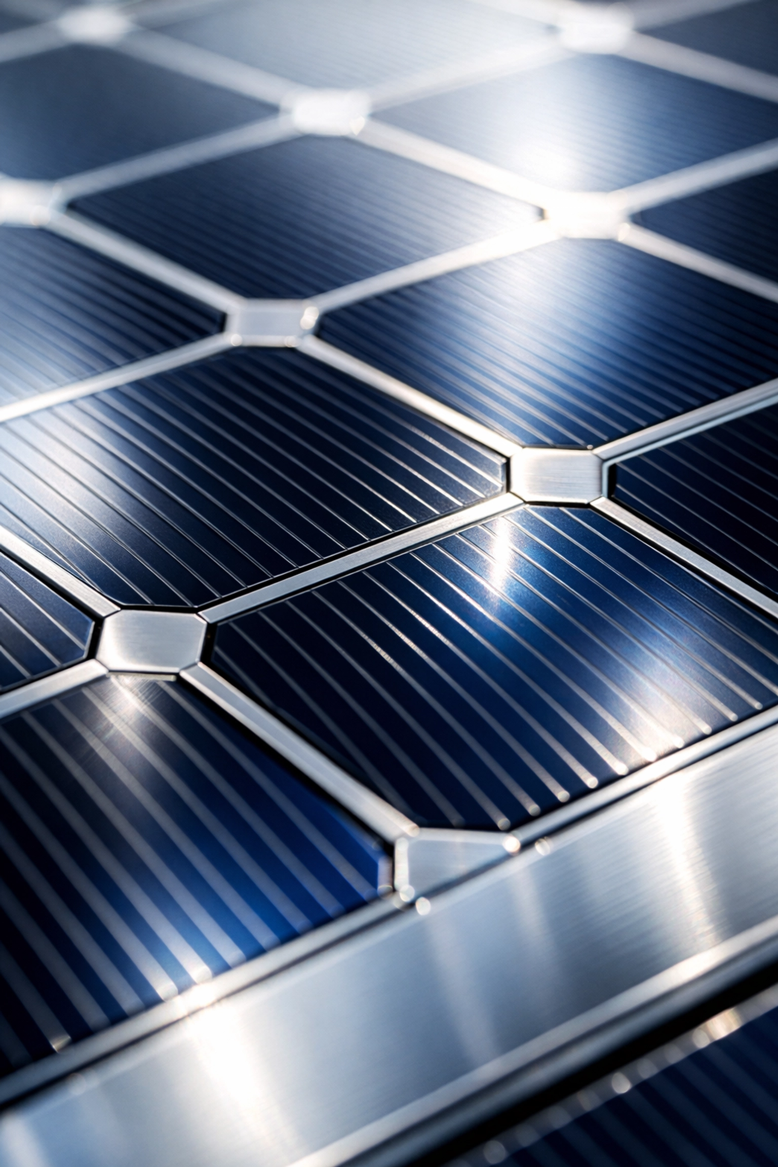 Close-up of high-efficiency bifacial solar cells used in professional business solar installations.